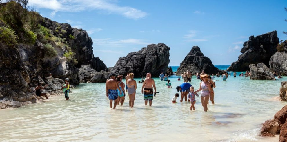 Tourists enjoy the beautiful scenery at Horseshoe Bay in Bermuda on Septmeber 19, 2023.